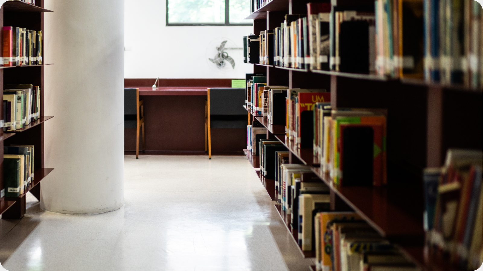 University library interior with bookshelves and study area for academic research