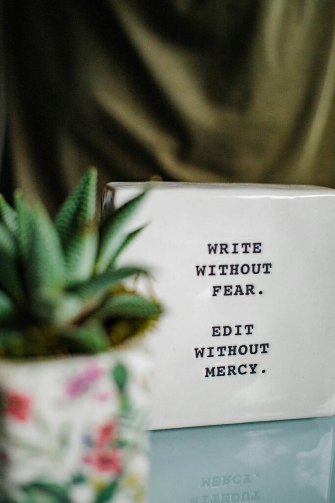 Dissertation writing motivation — sign reading "Write without fear, edit without mercy" next to a potted plant