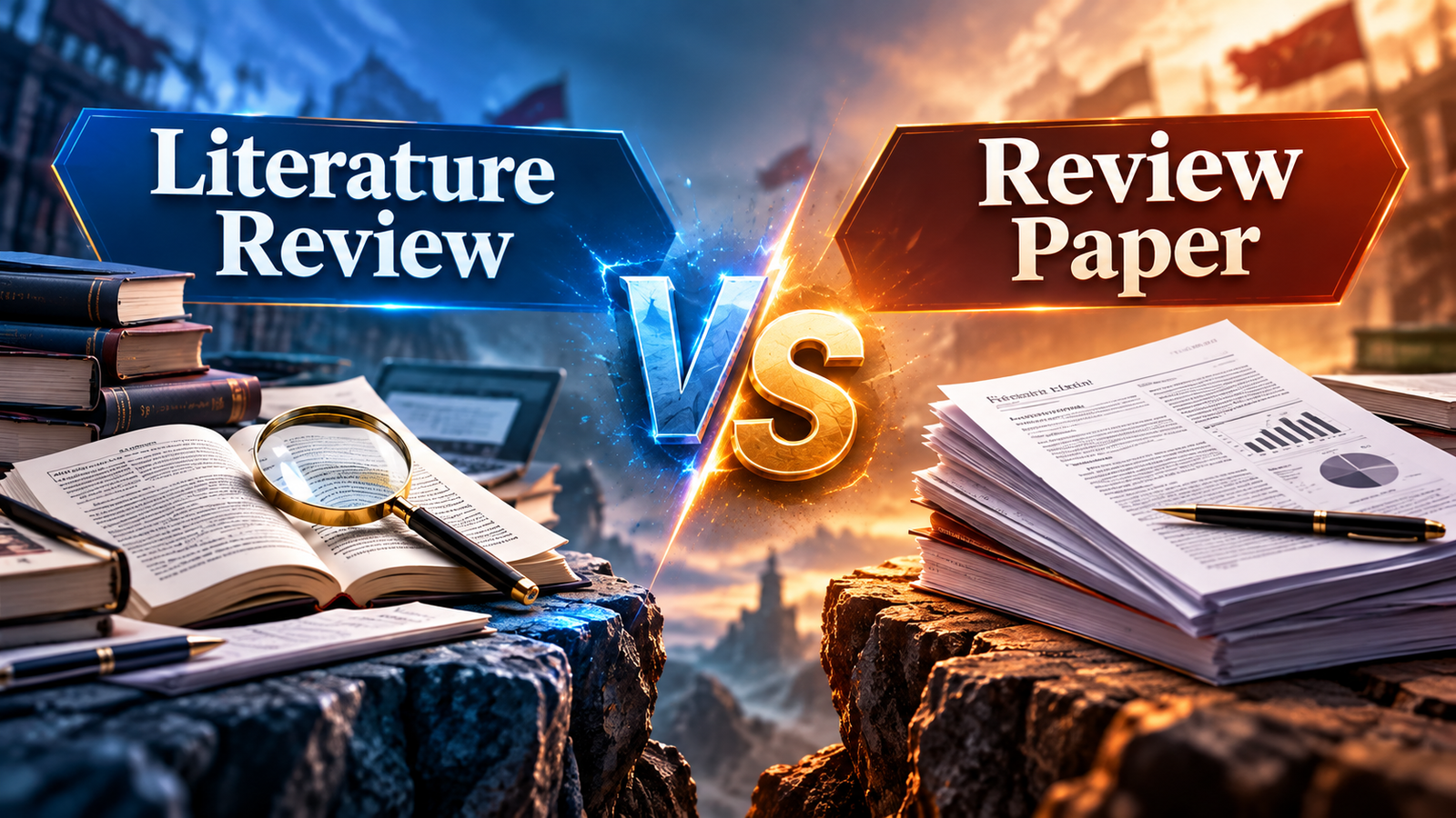 Literature Review vs Review Paper shown in a dramatic academic comparison design, with research books and papers on both sides.